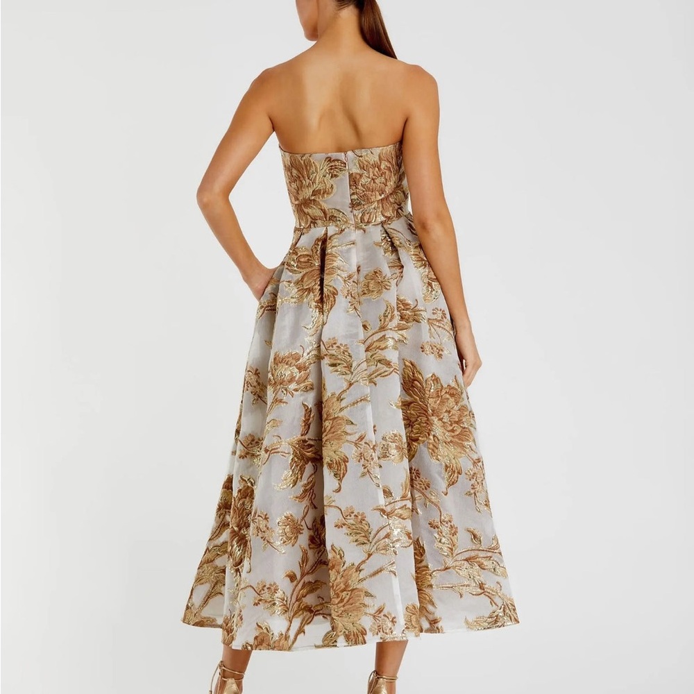 Mac Duggal Strapless Metallic Gold Floral Midi Dress on Light Base - Picture 2 of 4
